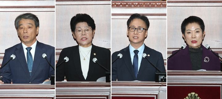 [정읍=뉴시스] 28일 열린 정읍시의회 제307회 임시회 제2차 본회의, 왼쪽부터 '5분 자유발언'을 하고 있는 이도형 의원, 송기순 의원, 고성환 의원을 비롯해 건의안 제안설명 중인 황혜숙 의원. *재판매 및 DB 금지