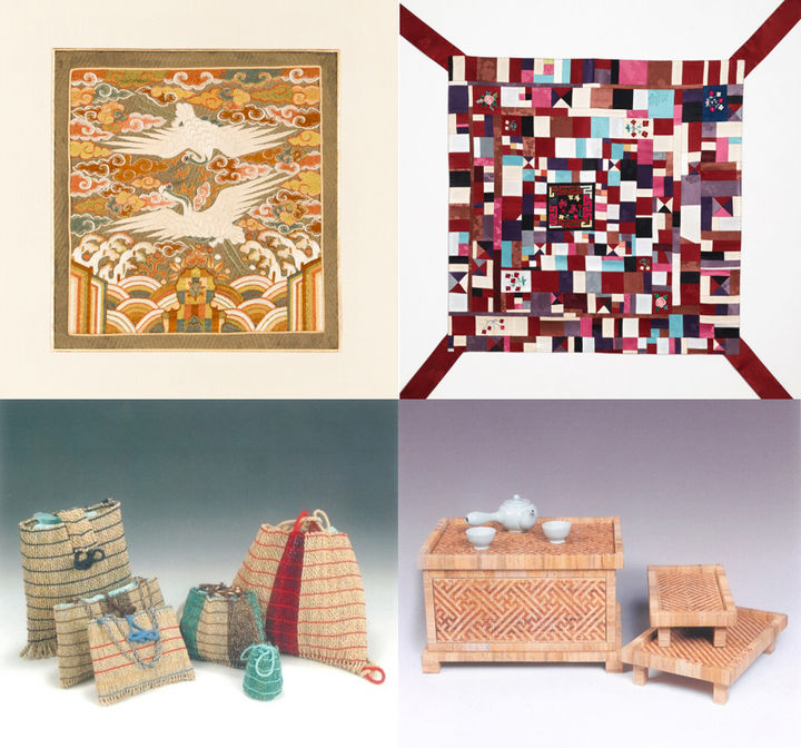 [화성=뉴시스]2025년 화성특례시 공예명장 공예품. 윗줄은 김애경 대표의 쌍학흉배·혼례용보자기 작품, 아랫줄은 김은자 대표의 초경공예 손가방·다기함 작품.(사진=화성시 제공)2025.10.28.photo@newsis.com *재판매 및 DB 금지