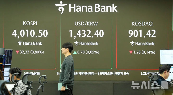 [서울=뉴시스] 4일(현지 시간) 파이낸셜타임스(FT)에 따르면 올해 홍콩 항셍지수 수익률의 50%는 AI 붐의 수혜가 기대되는 알리바바·샤오미·콰이쇼우를 포함한 6개 기술기업이 주도했다. 사진은 서울 중구 하나은행 딜링룸 전광판에 지수가 표시 되고 있다. 2025.11.04.