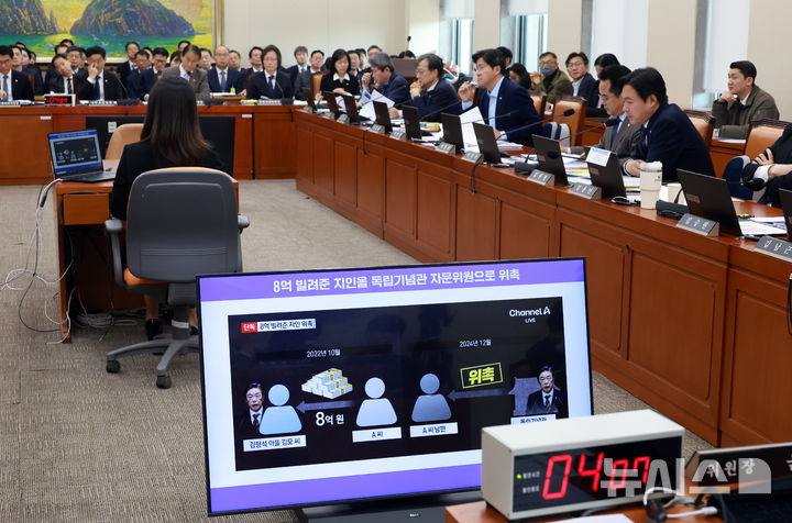 [서울=뉴시스] 고승민 기자 = 김현정 더불어민주당 의원이 28일 서울 여의도 국회에서 열린 정무위원회의 국가보훈부, 국무조정실 등 국정감사에서 김형석 독립기념관장 관련 질의를 하고 있다. 2025.10.28. kkssmm99@newsis.com