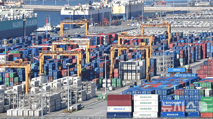 [평택=뉴시스] 김종택 기자 = 경기 평택항에 수출입 컨테이너가 쌓여 있는 모습. 2025.10.28. jtk@newsis.com