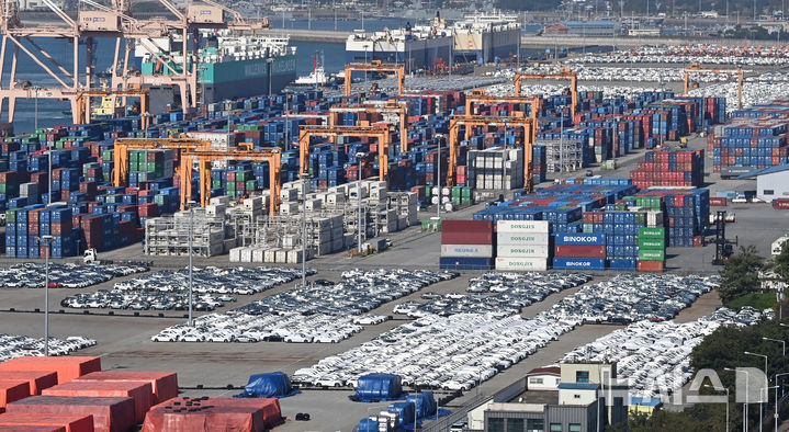 [평택=뉴시스] 김종택 기자 = 사진은 경기 평택항에 수출입 컨테이너가 쌓여 있는 모습. 2025.10.28. jtk@newsis.com