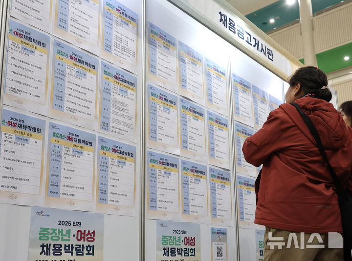 [인천=뉴시스] 전진환 기자 = 28일 오후 인천 남동구 인천시청에서 열린 2025 인천 중장년·여성 채용박람회에서 구직자들이 채용공고게시판을 살피고 있다. 2025.10.28. amin2@newsis.com