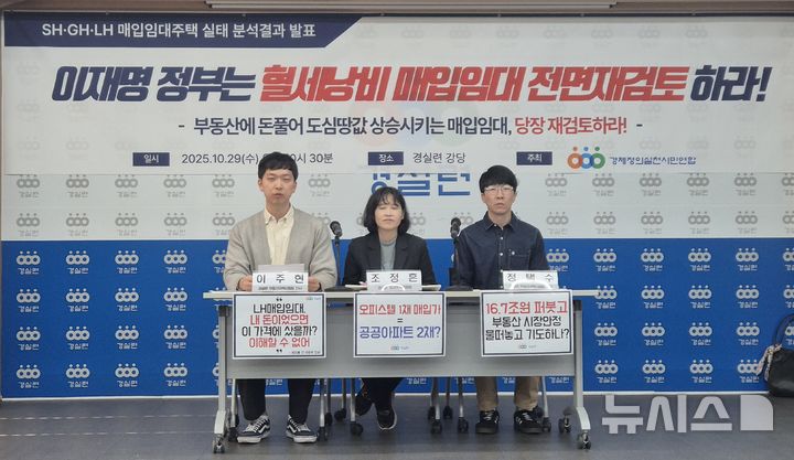 [서울=뉴시스] 이명동 기자 = 경제정의실천시민연합(경실련)은 서울주택도시개발공사(SH)·경기주택도시공사(GH)·한국토지주택공사(LH) 등 공공주택·도시개발 공기업이 가격이 저렴한 공공아파트를 공급 대신 매입임대 오피스텔을 매입해 건설업자에게 세금을 퍼주고 있다고 주장했다. 사진은 경실련 관계자가 29일 오전 서울 종로구 경실련 강당에서 열린 2021~2024 SH·GH·LH 서울·경기지역 매입임대주택 실태 분석결과 발표 기자회견을 진행하고 있는 모습. 2025.10.29. ddingdong@newsis.com