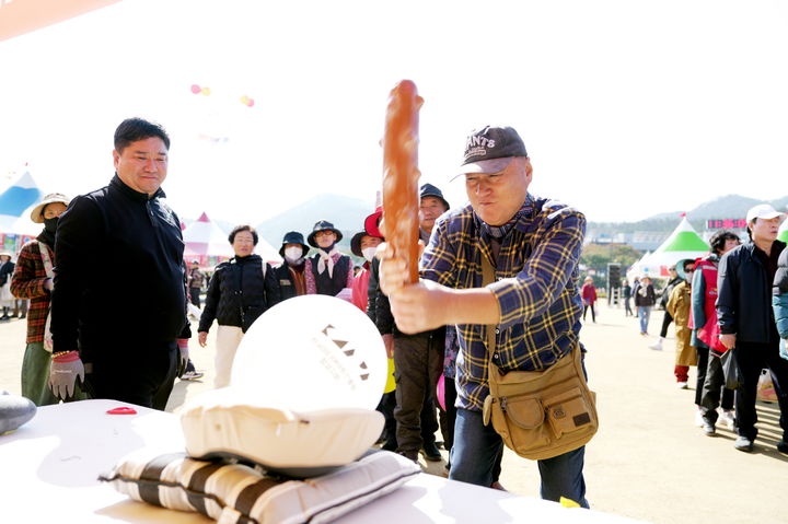 [청송=뉴시스] '제19회 청송사과축제'에서 방문객들이 사과방망이 체험을 하고 있다. (사진=청송군 제공) 2025.10.29. photo@newsis.com *재판매 및 DB 금지