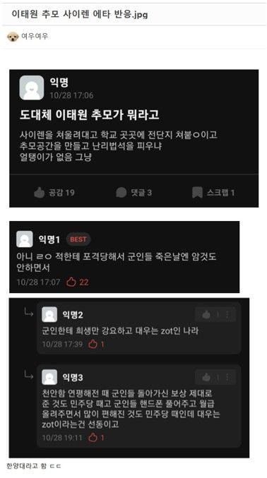 [뉴시스]온라인 커뮤니티에 올라온 이태원 추모 사이렌 관련 게시물. (사진 = 온라인 커뮤니티 캡처) *재판매 및 DB 금지