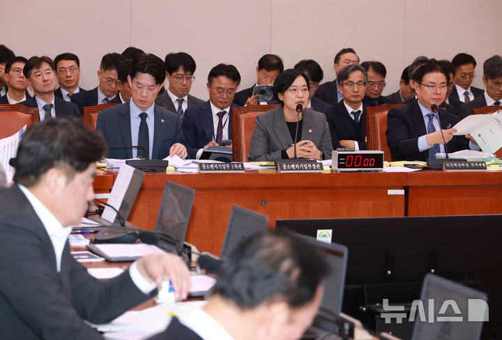 [서울=뉴시스] 고승민 기자 = 한성숙 중소벤처기업부 장관이 29일 서울 여의도 국회에서 열린 산업통상자원중소벤처기업위원회의 중소벤처기업부 등 국정감사에서 의원 질의에 답하고 있다. 2025.10.29. kkssmm99@newsis.com