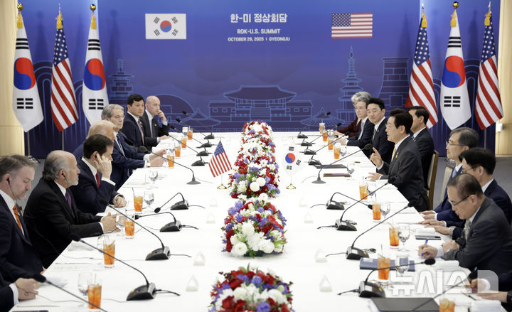 [경주=뉴시스] 최동준 기자 = 이재명 대통령과 도널드 트럼프 미국 대통령이 29일 경북 경주박물관에서 한미 정상회담을 하고 있다. 2025.10.29. photocdj@newsis.com