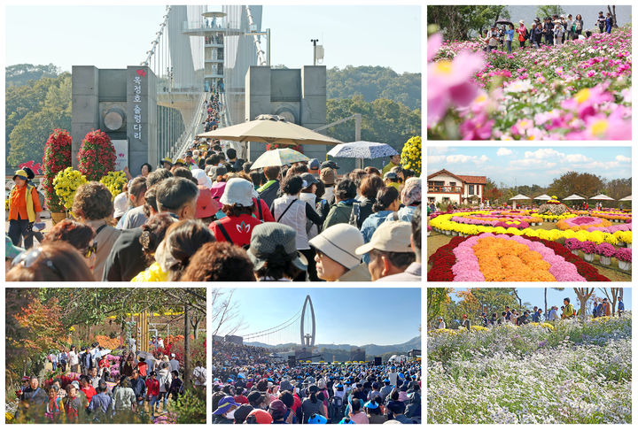 [임실=뉴시스] 인파가 붐비는 임실 옥정호출렁다리과 붕어섬생태공원 풍경. *재판매 및 DB 금지