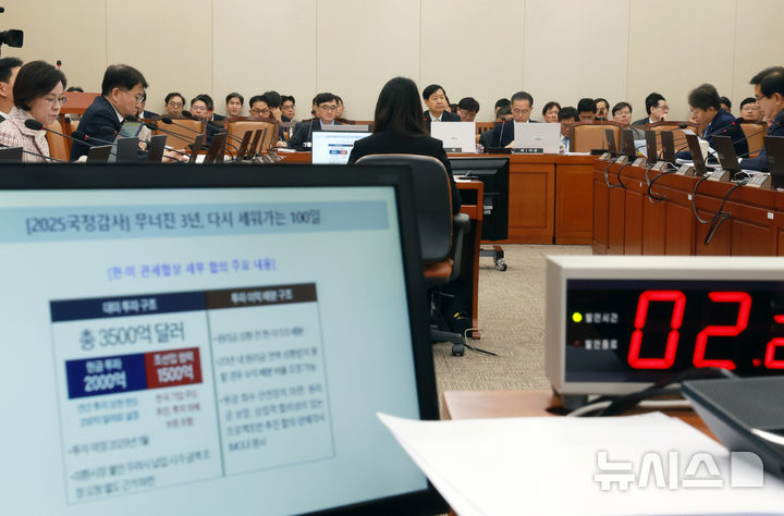 [서울=뉴시스] 고승민 기자 = 구윤철 경제부총리 겸 기획재정부 장관이 30일 서울 여의도 국회에서 열린 기획재정위원회의 기획재정부 등 종합감사에서 의원 질의에 답하고 있다. 모니터에 한미 관세협상 합의 내용이 표시돼 있다. 2025.10.30. kkssmm99@newsis.com