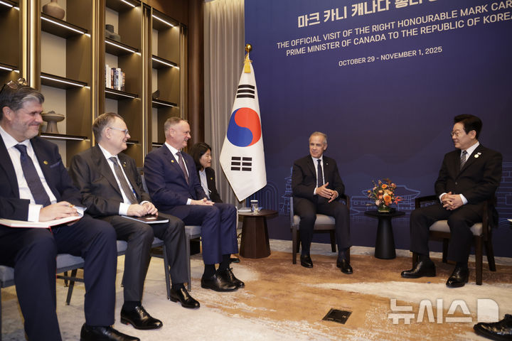[경주=뉴시스] 최동준 기자 = 이재명 대통령과 마크 카니 캐나다 총리가 30일 경북 경주시 한 호텔에서 한-캐나다 정상회담을 하고 있다. 2025.10.30. photocdj@newsis.com
