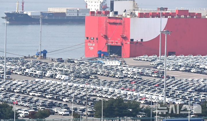 [평택=뉴시스] 김종택 기자 = 30일 경기 평택시 포승읍 평택항 자동차 전용부두에 선적을 기다리는 수출용 차량이 세워져 있다. 2025.10.30. jtk@newsis.com