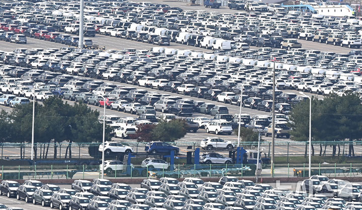 [평택=뉴시스] 지난 10월 경기 평택시 포승읍 평택항 자동차 전용부두에 선적을 기다리는 수출용 차량이 주차돼 있다. (사진=뉴시스DB)