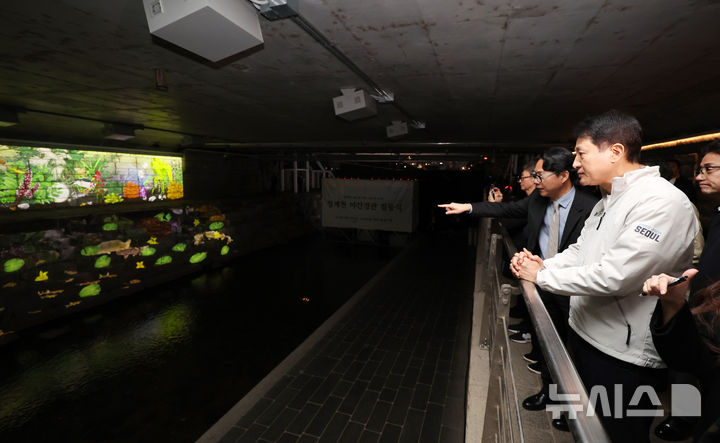 [서울=뉴시스] 이영환 기자 = 오세훈 서울시장이 30일 오후 서울 종로구 청계천 오간수교에서 열린 청계천 야간경관 점등식에서 미디어 아트를 관람하고 있다. 2025.10.30. 20hwan@newsis.com