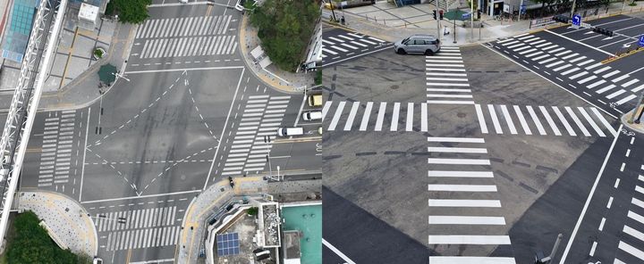 [대구=뉴시스] 대구 북구 동천네거리 일대 대각선 횡단보도 도입 전(왼쪽)과 후. (사진=대구 북구 제공) 2025.10.31. photo@newsis.com *재판매 및 DB 금지