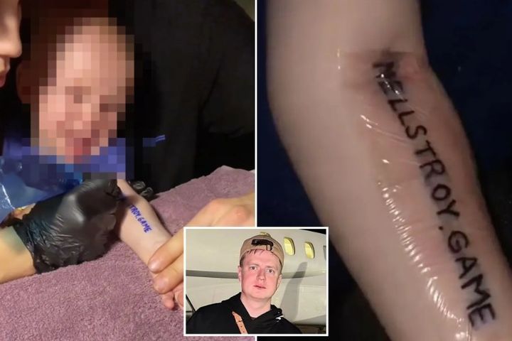 [뉴시스]러시아의 유명 스트리머인 멜스트로이가 제안한 '온라인 카지노' 홍보 영상을 만들기 위해 1살짜리 아기의 팔에 문신을 새기는 모습. 아래는 멜스트로이의 사진. (사진 = 더 선 캡처) *재판매 및 DB 금지
