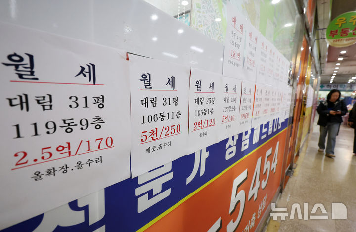 [서울=뉴시스] 이영환 기자 = 31일 오전 서울 시내의 한 부동산중개업소에 월세 매물 안내문이 게시되어 있다.이날 국토교통부가 발표한 9월 주택통계에 따르면 전국 전월세 거래량은 23만745건으로 전월 대비 7.9% 증가했다. 전세 거래량은 8만75건으로 전월보다 10.3%, 월세 거래량은 15만670건으로 6.7% 늘어난 가운데 9월 전월세 거래에서 월세가 차지하는 비중이 65.3%에 달했다. 2025.10.31. 20hwan@newsis.com