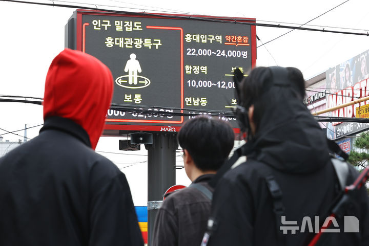 [서울=뉴시스] 최진석 기자 = 핼러윈 데이인 31일 서울 마포구 홍대 거리에 인구 밀집도 관련 전광판이 보이고 있다. 2025.10.31. myjs@newsis.com