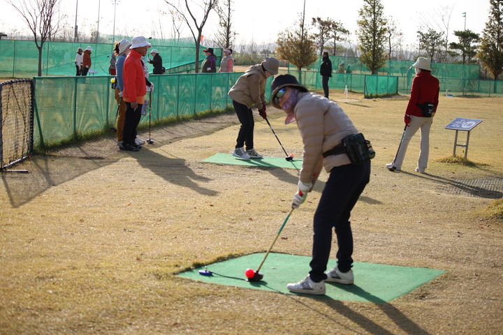 [태안=뉴시스] 최영민 기자 = 2일 태안군 태안읍 태안군파크골프장에서 2026 태안국제원예 치유박람회 개최기념 전국파크골프대회가 개막했다. 대회에 참가한 여성부 선수가 티샷을 시도하고 있다. 2025.11.02. ymchoi@newsis.com *재판매 및 DB 금지