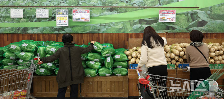 [서울=뉴시스] 김선웅 기자 = 올해 배추·무 등 주요 김장재료 가격이 지난해보다 10% 줄어든 것으로 나타났다. 한국물가협회가 김장철을 앞두고 전국 주요 김장재료 가격을 조사한 결과 4인가족 기준 김장비용은 전통시장 기준 지난해보다 9.6% 하락한 37만8860원으로 집계됐다.&nbsp; 대형마트 기준으로는 47만7750원으로 작년보다 8.4% 감소한 것으로 분석됐다. 2일 서울 시내의 한 유통매장에서 배추·무 등 김장재료가 판매되고 있다. 2025.11.02. mangusta@newsis.com