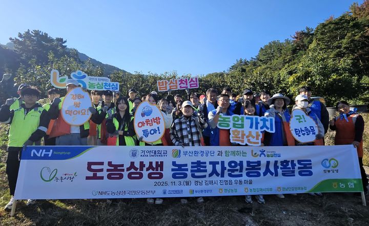 [창원=뉴시스]경남농협·(사)도농상생국민운동본부·가야대·부산환경공단, 단감수확 일손돕기.(사진=경남농협 제공)2025.11.03.photo@newsis.com *재판매 및 DB 금지