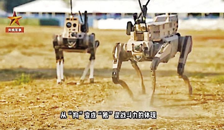 [서울=뉴시스] 중국 인민해방군이 상륙 훈련에 투입한 ‘로봇 늑대’. 로봇 개에서 로봇 늑대로 바뀐 것은 전투력의 실현이라는 설명이 붙어 있다. 개와 늑대의 차이 만큼 전투력이 높아졌다는 뜻으로 풀이된다.(출처: 명보) 2025.11.03. *재판매 및 DB 금지