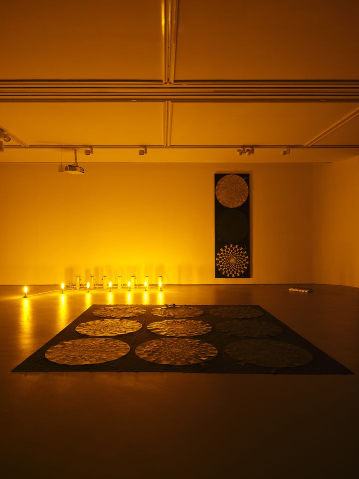 차연서, 〈축제〉 연작, 2025, 페이퍼컷 위빙(故 차동하의 닥종이에 채색), 기타오카 아키요시의 착시 연구 ‘회전하는 뱀’, 회전형 Ø 95cm, 혀 10 × 20cm, 사진 이의록 *재판매 및 DB 금지