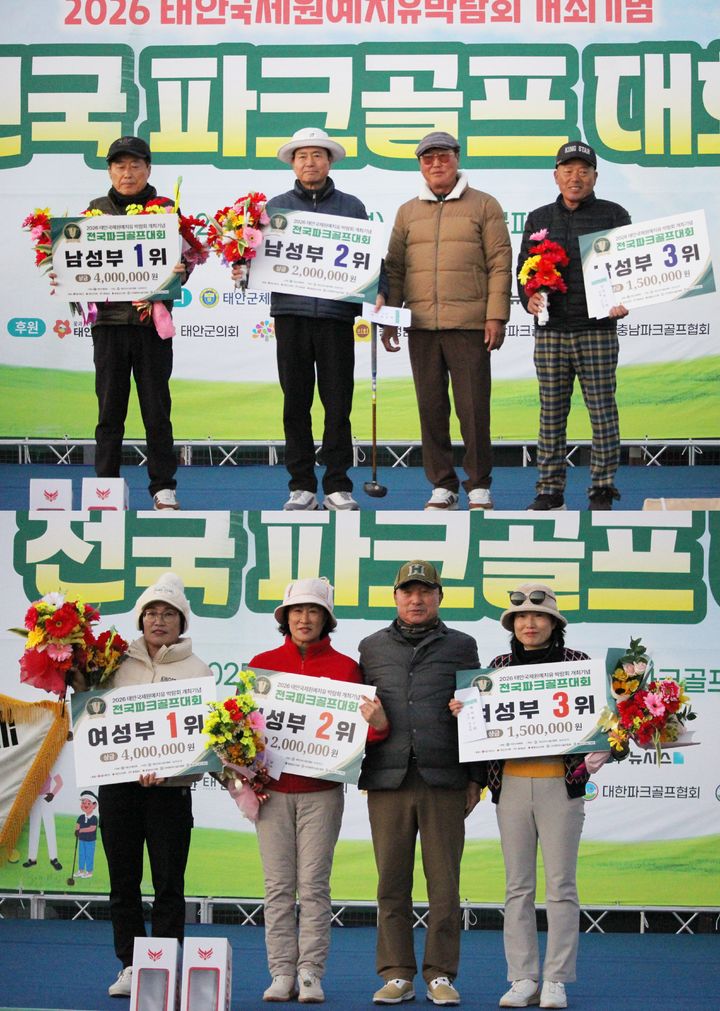 [태안=뉴시스] 최영민 기자=2026 태안국제원예치유박람회 개최 기념 전국 파크골프대회가 3일 막을 내렸다. 대회 후 시상식에서 남여 수상자들이 기념촬영을 하고 있다. 2025.11.03 ymchoi@newsis.com *재판매 및 DB 금지