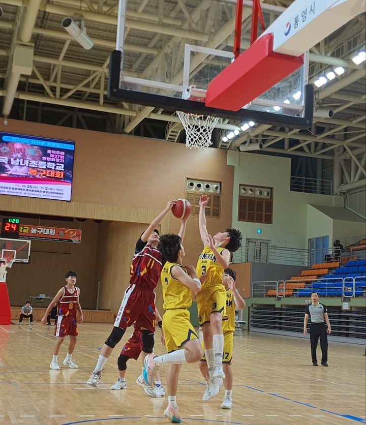[통영=뉴시스] 신정철 기자= 경남 통영시는 지난 10월 25일부터 9일간 일정으로 천국 76개팀, 1500여 선수들이 참가한 가운데 윤덕주배 제37회 연맹회장기 전국남녀초등학교 농구대회를 개최했다.사진은 경기모습.(사진=통영시 제공).2025.11.04. photo@newsis.com *재판매 및 DB 금지