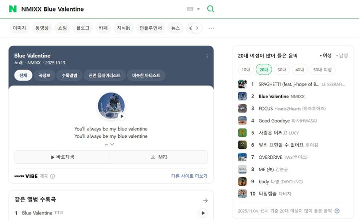 [서울=뉴시스] 현재 네이버에 음악 제목 또는 가수 등을 검색할 시 자사 스트리밍 서비스 '바이브'와 연동해 가사와 미리 듣기 기능을 제공한다. 사진은 엔믹스 '블루 발렌타인'을 검색한 결과. 2025.11.05. (사진=네이버 검색 캡처) *재판매 및 DB 금지