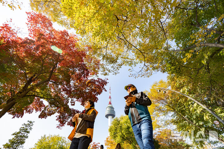 [서울=뉴시스] 황준선 기자 = 완연한 가을 날씨를 보인 4일 서울 중구 남산을 찾은 시민들이 단풍길을 걷고 있다. 2025.11.04. hwang@newsis.com
