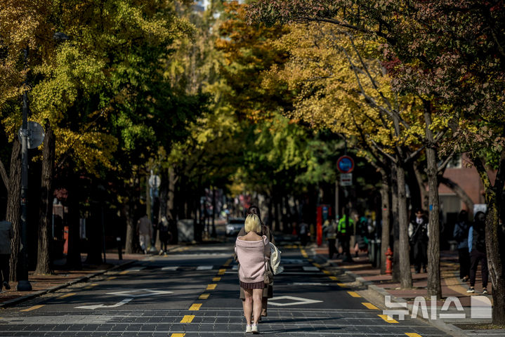 [서울=뉴시스] 정병혁 기자 = 완연한 가을 날씨를 보인 4일 서울 중구 정동길을 찾은 여행객이 사진을 찍고 있다. 2025.11.04. jhope@newsis.com
