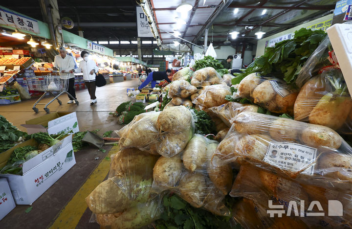 [서울=뉴시스] 김근수 기자 = 4일 서울 마포구 마포농수산물시장에서 시민들이 김장재료를 구매하고 있다. 농림축산식품부와 해양수산부는 경제관계장관회의 겸 물가관계장관회의에서 '김장재료 수급안정대책'을 발표했다. 내용에는 김장철을 맞아 농축수산물 가격 안정을 위해 역대 최대 규모인 500억원을 투입해 소비자 부담을 완화한다. 2025.11.04. ks@newsis.com