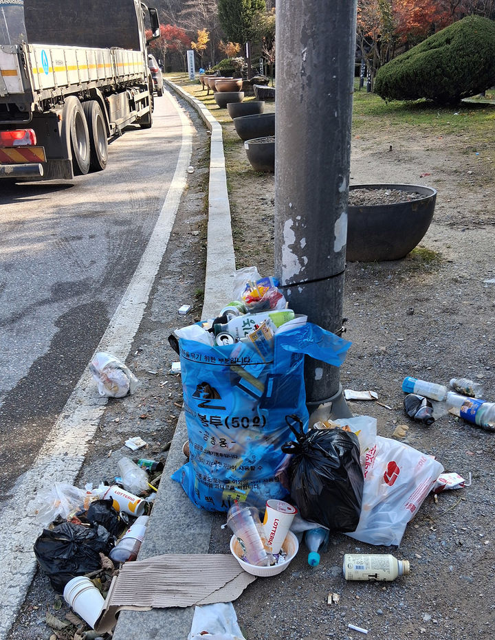 5일 태백시 삼수동 싸리재 터널 인근 공원에 투기된 쓰레기 모습.(사진=독자 제공) *재판매 및 DB 금지