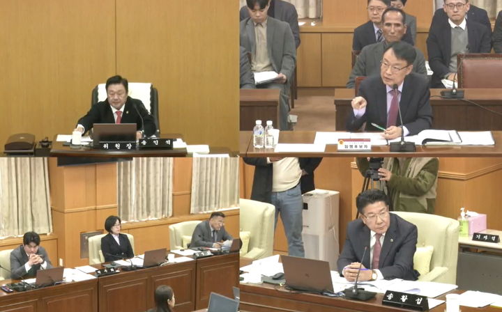 [대전=뉴시스] 이광축(오른쪽 위쪽) 대전교통공사 사장 임명후보자에 대한 인사청문회가 5일 오후 대전시의회 산업건설위원회 회의실에서 열리고 있다. (사진=대전시의회 제공) 2025.11.05. photo@newsis.com  *재판매 및 DB 금지