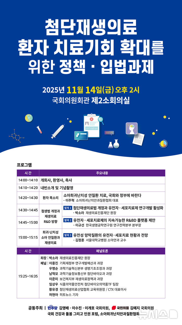 [서울=뉴시스] '첨단재생의료 치료 기회 확대를 위한 정책·입법과제'를 주제로 한 정책토론회 개최. (사진= 소아희귀난치안과질환협회 제공)