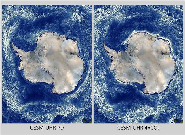 [대전=뉴시스] 대기 중 이산화탄소 현재 농도(왼쪽)와 4배증가(오른쪽) 조건에서의 남극해 9월 중규모 수평 교란 비교. (사진=기후물리연구단 제공) 2025.11.05. photo@newsis.com *재판매 및 DB 금지