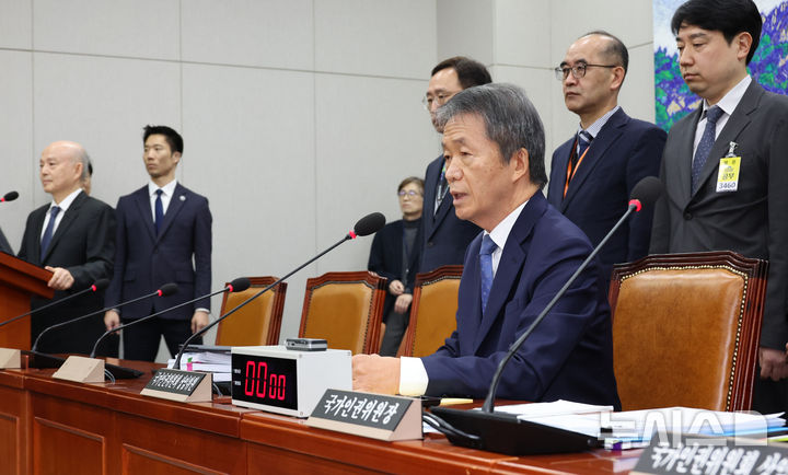 [서울=뉴시스] 김금보 기자 = 김용원 국가인권위원회 상임위원이 5일 오전 서울 여의도 국회에서 열린 운영위원회 국가인권위원회 국정감사에서 퇴장 당하고 있다. 김병기 운영위원장은 증인선서를 따로 하겠다며 발언을 이어가는 김용원 상임위원을 퇴장시킬 것을 경위에게 명했다. 2025.11.05. kgb@newsis.com