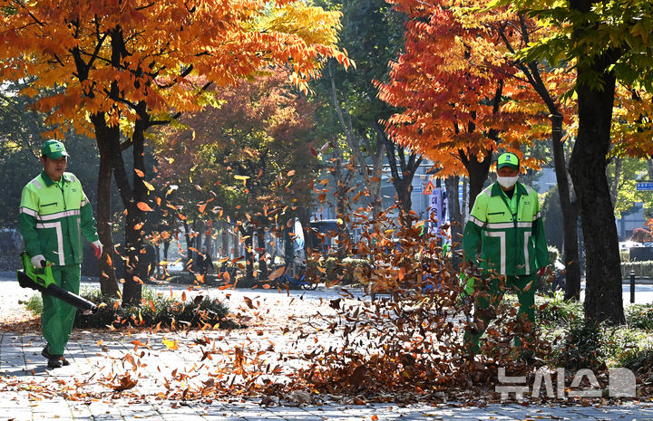 [수원=뉴시스] 김종택 기자 = 절기상 입동을 이틀 앞둔 5일 경기 수원시 팔달구 인계동 가로수길에서 환경관리원들이 전동 송풍기를 이용해 수북히 쌓인 낙엽을 청소하고 있다. 2025.11.05. jtk@newsis.com