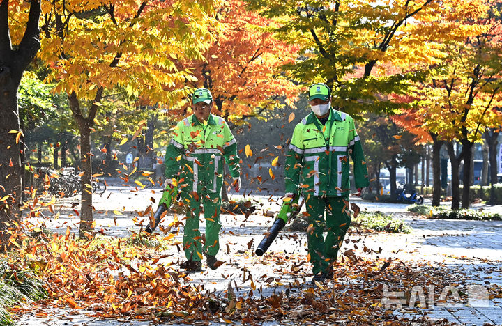 [수원=뉴시스] 김종택 기자 = 절기상 입동을 이틀 앞둔 5일 경기 수원시 팔달구 인계동 가로수길에서 환경관리원들이 전동 송풍기를 이용해 수북히 쌓인 낙엽을 청소하고 있다. 2025.11.05. jtk@newsis.com