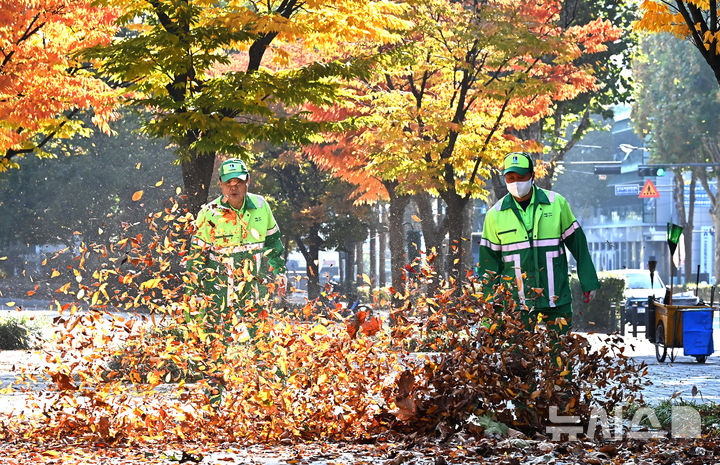 [수원=뉴시스] 김종택 기자 = 절기상 입동을 이틀 앞둔 5일 경기 수원시 팔달구 인계동 가로수길에서 환경관리원들이 전동 송풍기를 이용해 수북히 쌓인 낙엽을 청소하고 있다. 2025.11.05. jtk@newsis.com