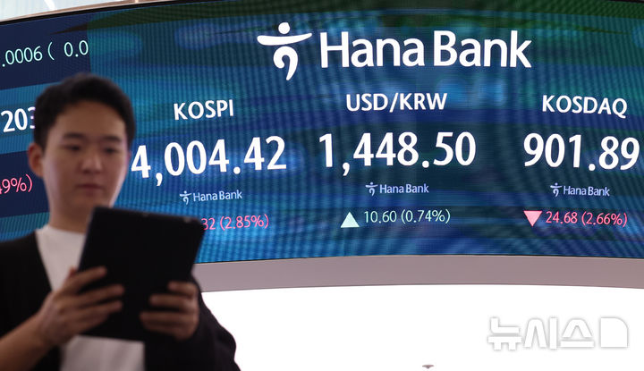 [서울=뉴시스] 이영환 기자 = 코스피가 전 거래일(4121.74)보다 117.32포인트(2.85%) 내린 4004.42에 마감한 5일 오후 서울 중구 하나은행 딜링룸 전광판에 종가가 표시되어 있다.  코스닥 지수는 전 거래일(926.57)보다 24.68포인트(2.66%) 하락한 901.89, 서울 외환시장에서 원·달러 환율은 전 거래일 주간거래 종가(1437.9원)보다 11.5원 오른 1449.4원에 주간 거래를 마무리했다. 2025.11.05. 20hwan@newsis.com