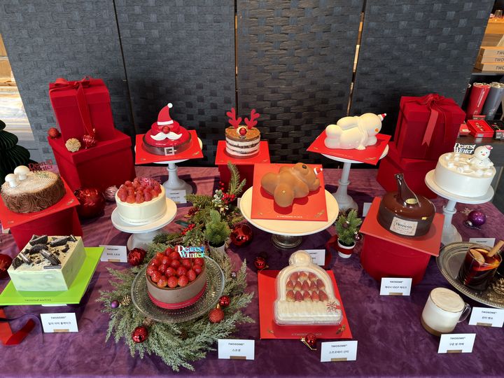 [서울=뉴시스] 6일 오전 서울 종로구 '투썸 2.0 안국'에서 진행된 홀리데이 시즌 기자간담회에 투썸플레이스 홀리데이 시즌 메뉴가 전시돼 있는 모습. 2025.11.06. kms@newsis.com. *재판매 및 DB 금지