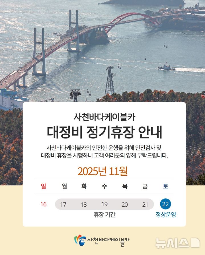 사천바다케이블카 17~21일 대정비…"안전성 높인다"