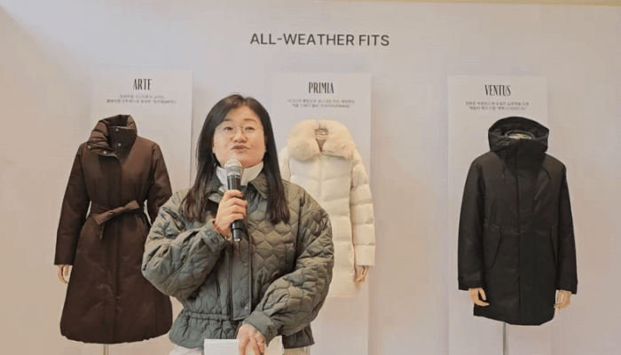 [서울=뉴시스] 이현주 기자=김정미 네파 부사장이 6일 오전 열린 미디어 데이에서 제품에 대해 설명하고 있다. 2025.11.06. juicy@newsis.com *재판매 및 DB 금지