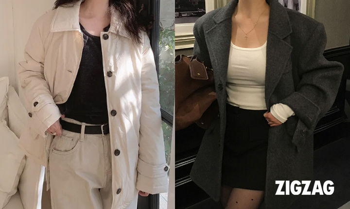 '슬로우앤드 벨티드 패딩코트'(왼쪽)와 '베이델리 앤틱 핸드메이드 오버핏 하프 코트'.(사진=지그재그 제공) *재판매 및 DB 금지