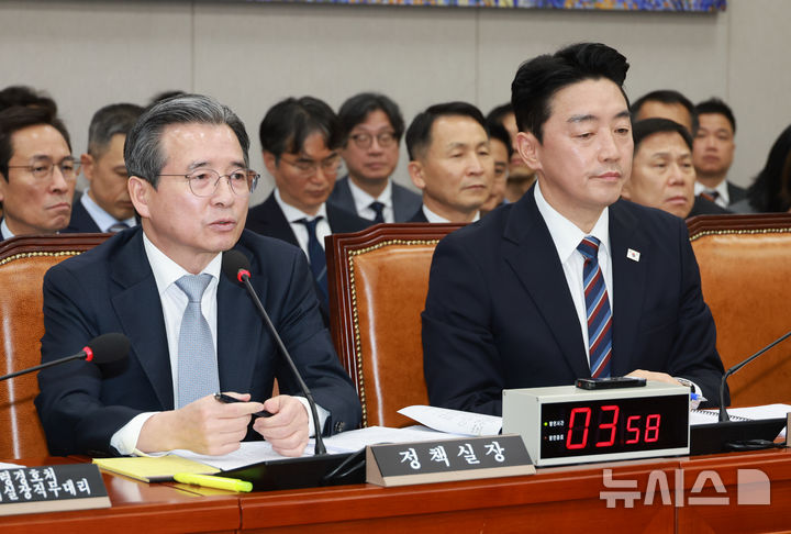 [서울=뉴시스] 고승민 기자 = 김용범 대통령실 정책실장이 6일 서울 여의도 국회에서 열린 운영위원회의 대통령비서실 등 국정감사에서 의원 질의에 답변하고 있다. 2025.11.06. kkssmm99@newsis.com