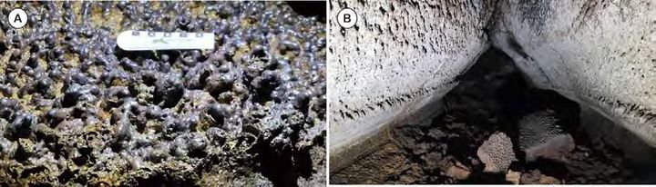 [제주=뉴시스] 한라산 흙붉은오름동굴 내부. A는 벽면에 발달한 용암종유석, B는 용암유선이 발달한 마름모 형태의 동굴 통로. (사진=비지정 천연동굴 3차 실태조사 용역보고서에서 추출) photo@newsis.com *재판매 및 DB 금지