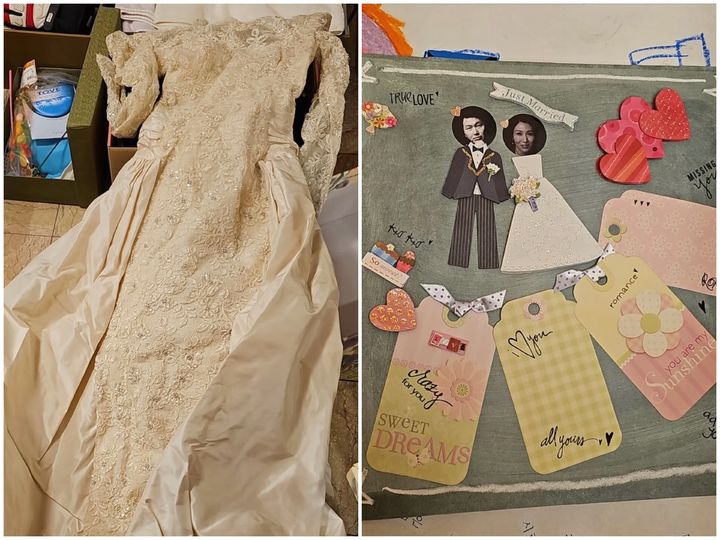 노소영 아트센터 나비 관장이 인스타그램에 올린 웨딩드레스(왼쪽), 최태원 SK회장과 노 관장의 얼굴 사진이 붙은 도화지(오른쪽). (사진='노소영 아트센터 나비 관장' 인스타그램 캡처) *재판매 및 DB 금지