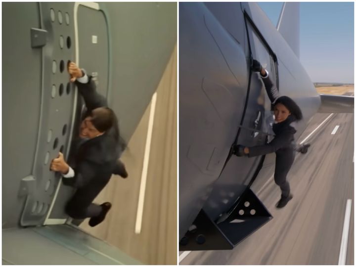 [뉴시스] '미션 임파서블: 로그 네이션'에서 고난도 비행기 스턴트를 선보인 톰 크루즈(왼쪽), 같은 연기를 재현한 미국의 유튜버 미셸 카레(오른쪽). (사진='Michelle Khare' 유튜브 캡처) *재판매 및 DB 금지